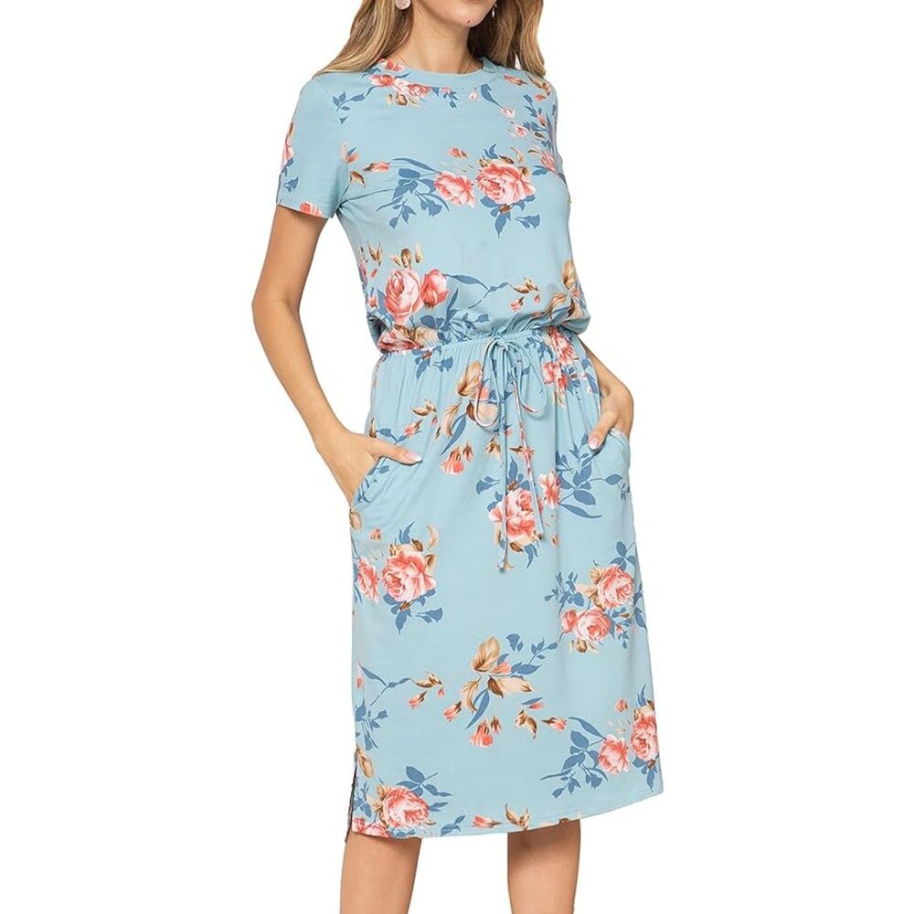 Simier Fariry Sky Blue Floral Casual Midi Blouson Dress with Pockets Sz L